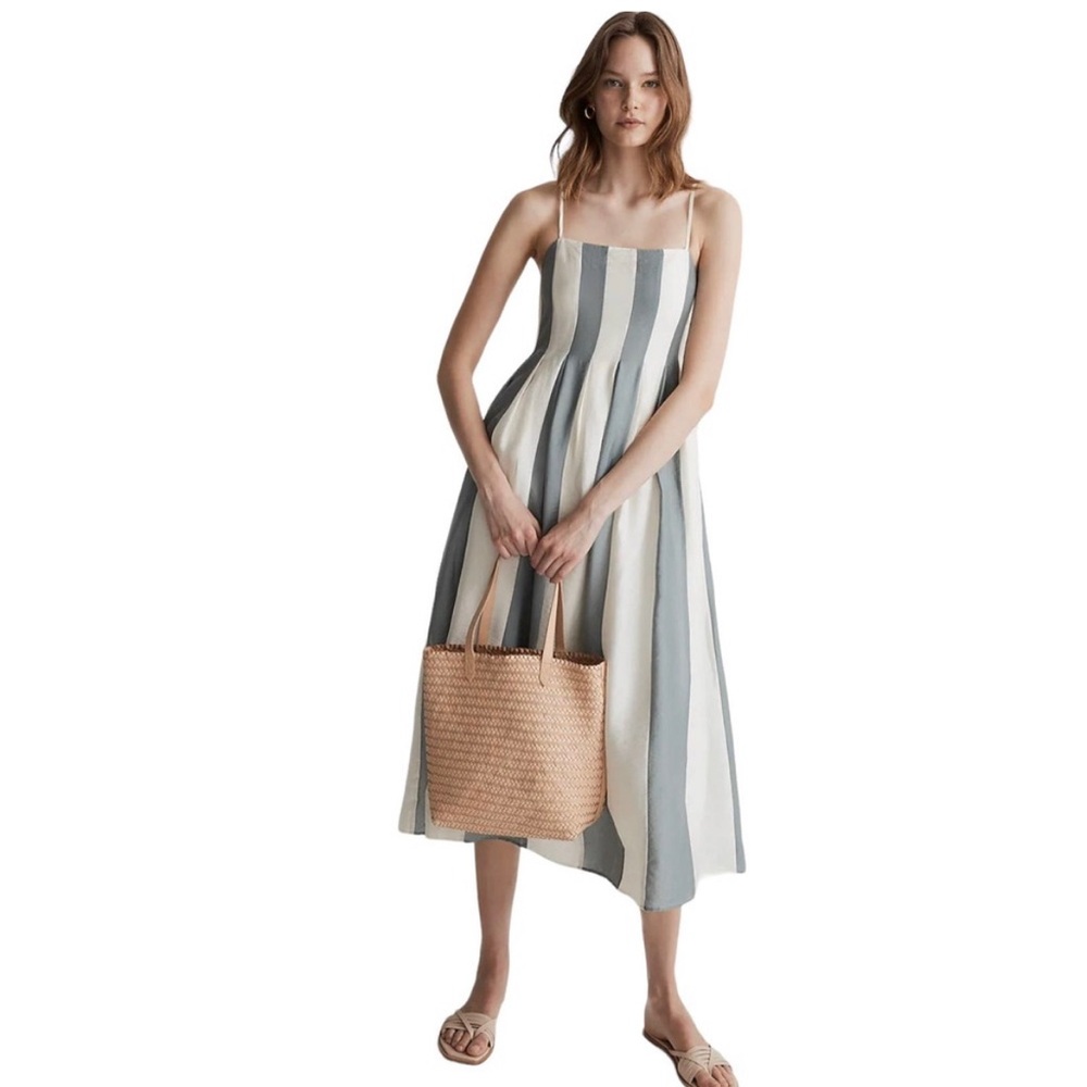 NWT Madewell Spaghetti Strap Muted Blue and White Striped Pleated
Midi Dress